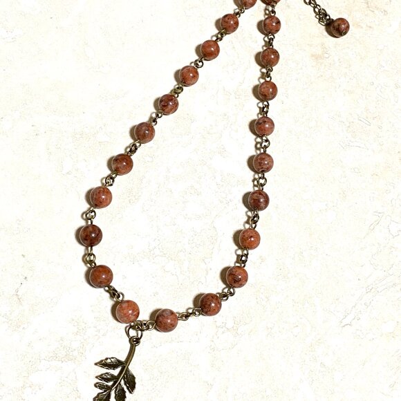 Genuine Red Jasper Short Necklace, Cute Bronze Leaf Branch + Natural Gemstone - Picture 7 of 14